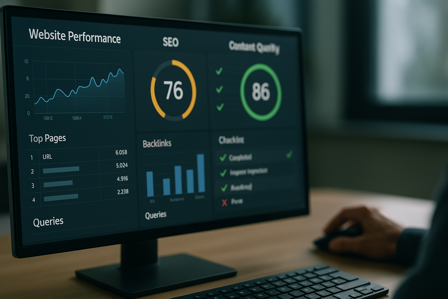 Automatisierte E-Rechnungsverarbeitung mit vernetzten Systemen, zentrale Mustang-Verarbeitung mit Validierungshäkchen, Monitor zeigt ZUGFeRD-PDF mit eingebetteter XML, Szene vermittelt Automatisierung und Zuverlässigkeit