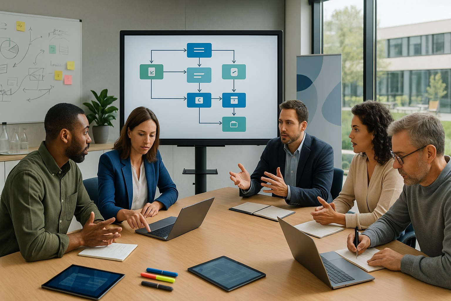 Teammeeting im Besprechungsraum mit Prozessdiagramm auf großem Bildschirm, während Mitarbeitende an Laptops gemeinsam Workflow-Schritte diskutieren.