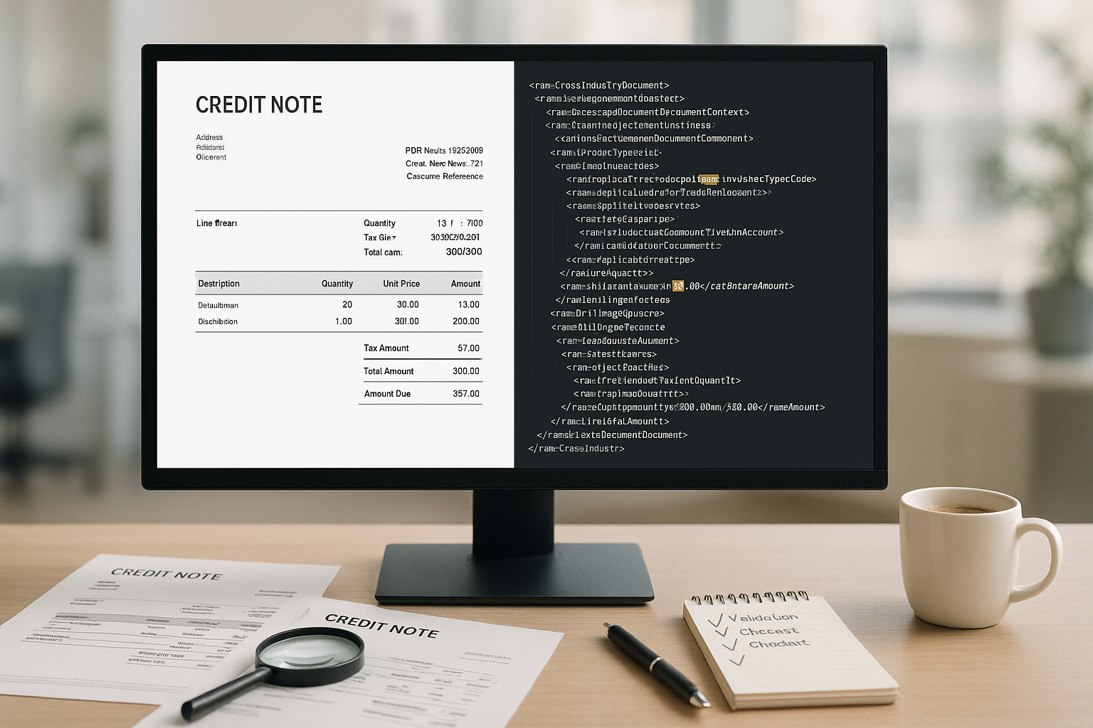 Nahaufnahme eines Computermonitors mit geteilter Ansicht von ZUGFeRD-Gutschrift in PDF und XML-Codeansicht, daneben liegende Dokumente, Taschenrechner und Notizblock auf aufgeräumtem Schreibtisch