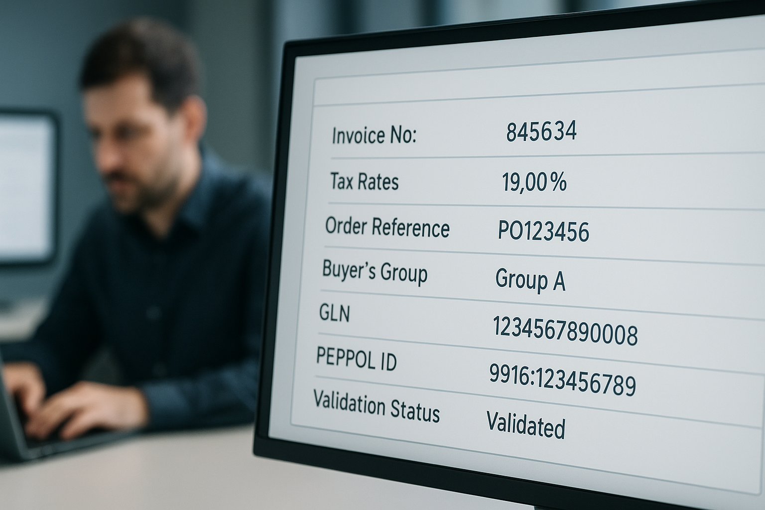 Detailansicht eines modernen Arbeitsplatzes mit Monitor, auf dem strukturierte Rechnungsdaten und Validierungsprozesse zu sehen sind, professionelle Person analysiert digitale Dokumente, Tablet mit Diagrammen, helle Büroumgebung, natürliche Beleuchtung, klare Komposition, fotorealistisch ohne Text oder Logos