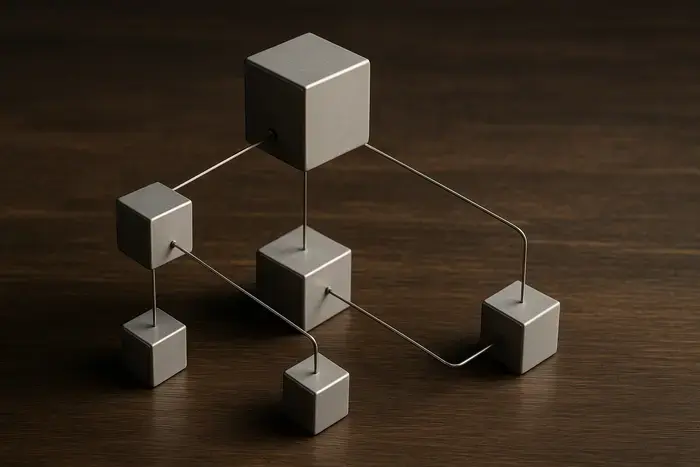 Netzwerk-Diagramm mit verbundenen metallischen Würfeln symbolisiert sichere Datenübertragung