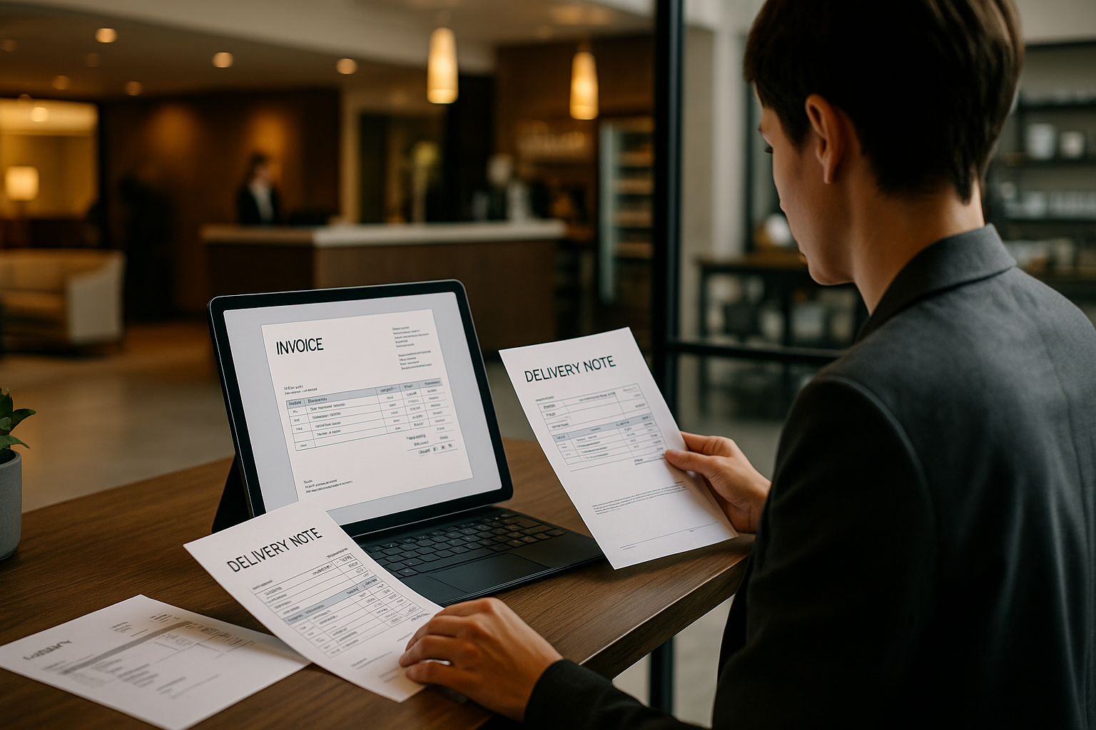 Moderne Hotellobby mit Empfangsbereich und digitaler Rechnungsverwaltung auf Tablet durch Mitarbeiterin in professioneller Atmosphäre mit warmem Licht und klarer Struktur