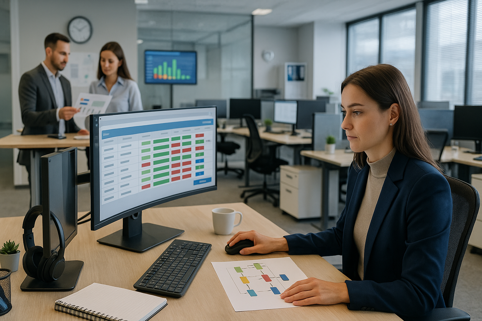 Mitarbeiterin arbeitet im Großraumbüro an einem Monitor mit Prozess-Dashboard und farbcodierten Statusfeldern; vor ihr liegt ein Ablaufdiagramm auf Papier.