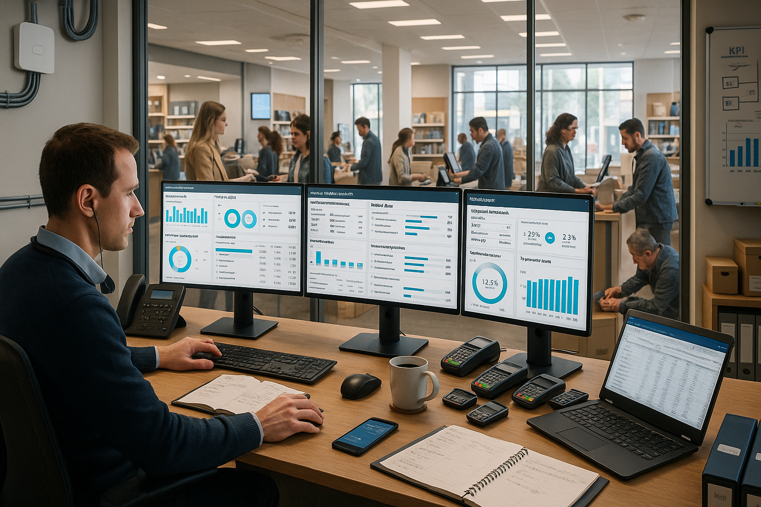 Mitarbeiter überwacht am Schreibtisch mehrere KPI-Dashboards auf drei Monitoren, mit Notebook, Laptop und Zahlungsgeräten, während im Hintergrund Teams im Büro arbeiten.