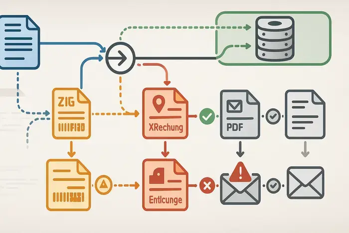 Automatisierter Rechnungs-Workflow mit Formatauswahl-Branching nach Kundentyp, Validierungsschritten und E-Mail-Versand in professioneller ERP-Umgebung.