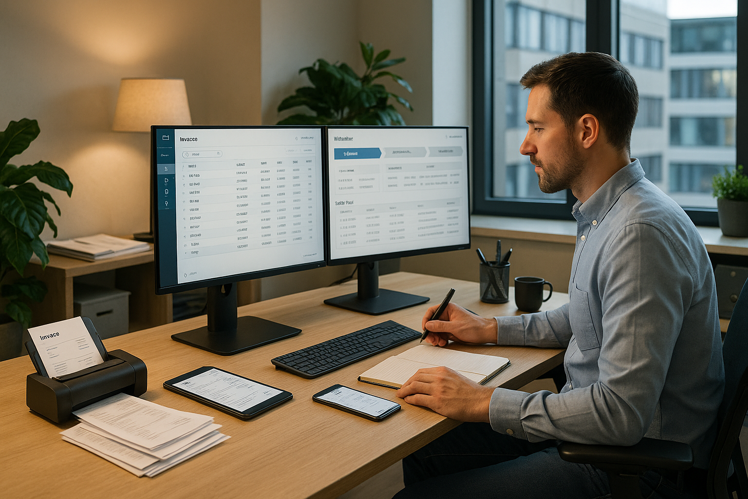 Mitarbeiter arbeitet am Schreibtisch an zwei Monitoren mit Rechnungs- und Zahlungsübersichten und macht Notizen, daneben liegen Smartphone, Tablet und Belege.