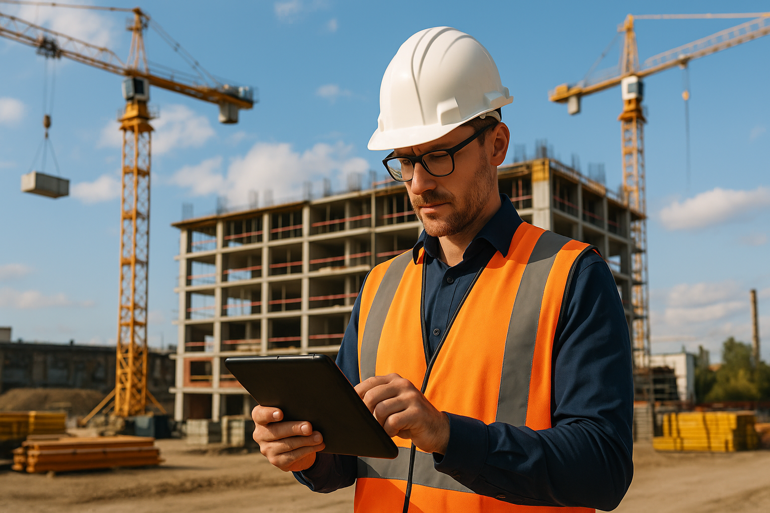 Bauleiter in Schutzkleidung und Helm auf aktiver Baustelle bei Tageslicht, hält Tablet in Händen und prüft digitale Leistungsnachweise und Rechnungsfreigaben auf Display, im Hintergrund Baugerüst, Rohbau, Kran, Bauarbeiter, natürliches Licht, realistische Arbeitsatmosphäre