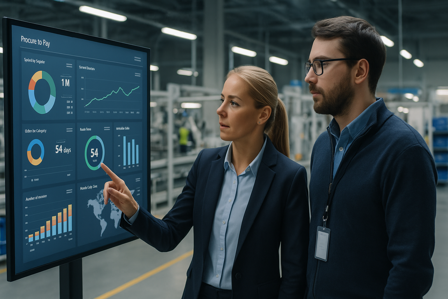 Finanzcontrollerin und IT-Spezialist in moderner Produktionshalle vor interaktivem Touchscreen mit Echtzeit Dashboards zu Procure-to-Pay Kennzahlen, Klärfallquoten, Skonto Realisationen und Zahlungsfreigaben, im Hintergrund sichtbar Fertigungslinien mit Montagestationen, Materialbereitstellung mit Kanban Regalen, Qualitätsprüfstationen mit Messgeräten und Förderbänder mit Werkstücken, helle Industrieumgebung mit großen Fenstern, natürlichem Tageslicht und LED Beleuchtung, Betonboden mit gelben Sicherheitsmarkierungen