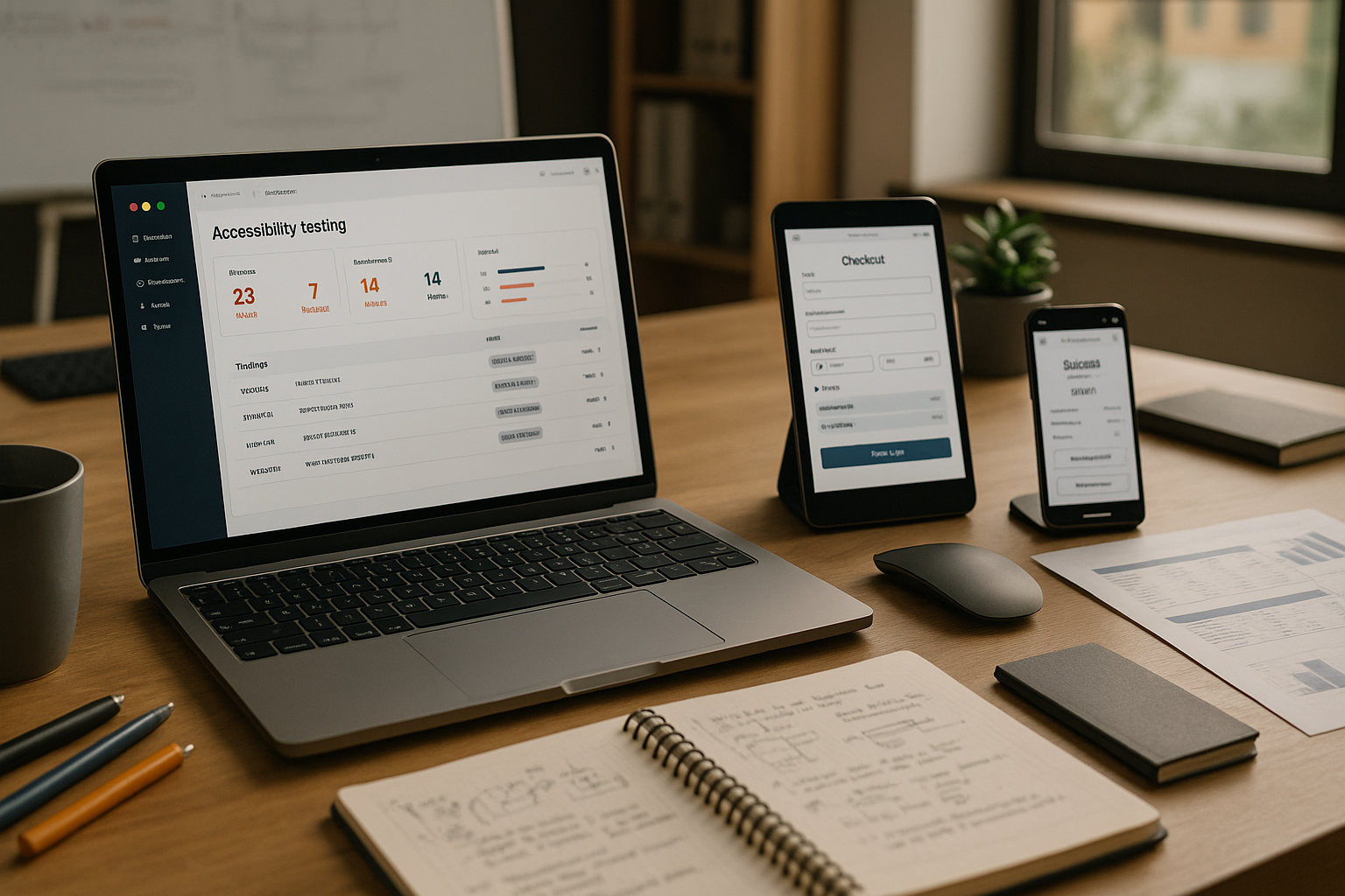 Detailaufnahme eines Arbeitsplatzes mit geöffnetem Laptop, auf dem ein Dashboard mit Barrierefreiheits-Prüfergebnissen und Fehlerklassifizierungen sichtbar ist, daneben Tablet mit Checkout-Ansicht und Smartphone mit Zahlungsstatus-Portal, auf dem Schreibtisch strukturierte Notizen, Stifte und eine Kaffeetasse, warmes Tageslicht durch Fenster