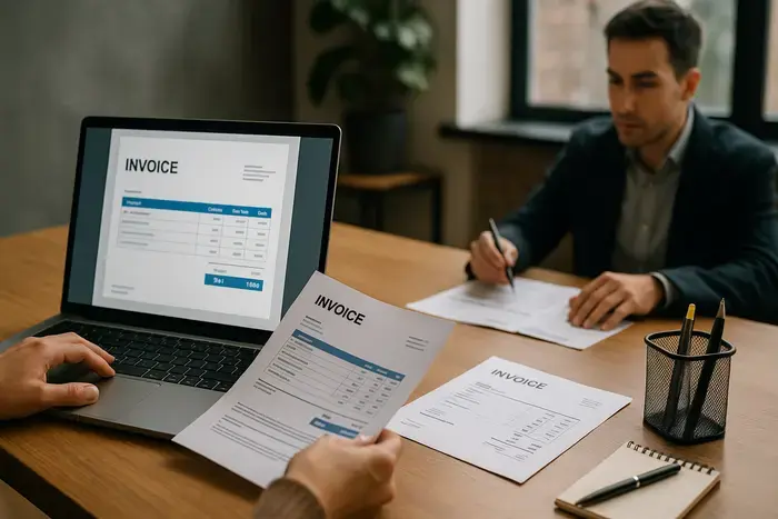 Geschäftsmeeting mit drei Personen analysiert Rechnungsvergleiche auf Laptops und diskutiert Compliance-Checklisten