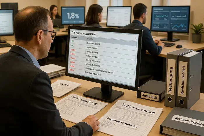 Compliance-Officer validiert XML-Rechnungscode auf Monitor mit grünen und roten Validierungsergebnissen sowie GoBD-Prüfprotokoll