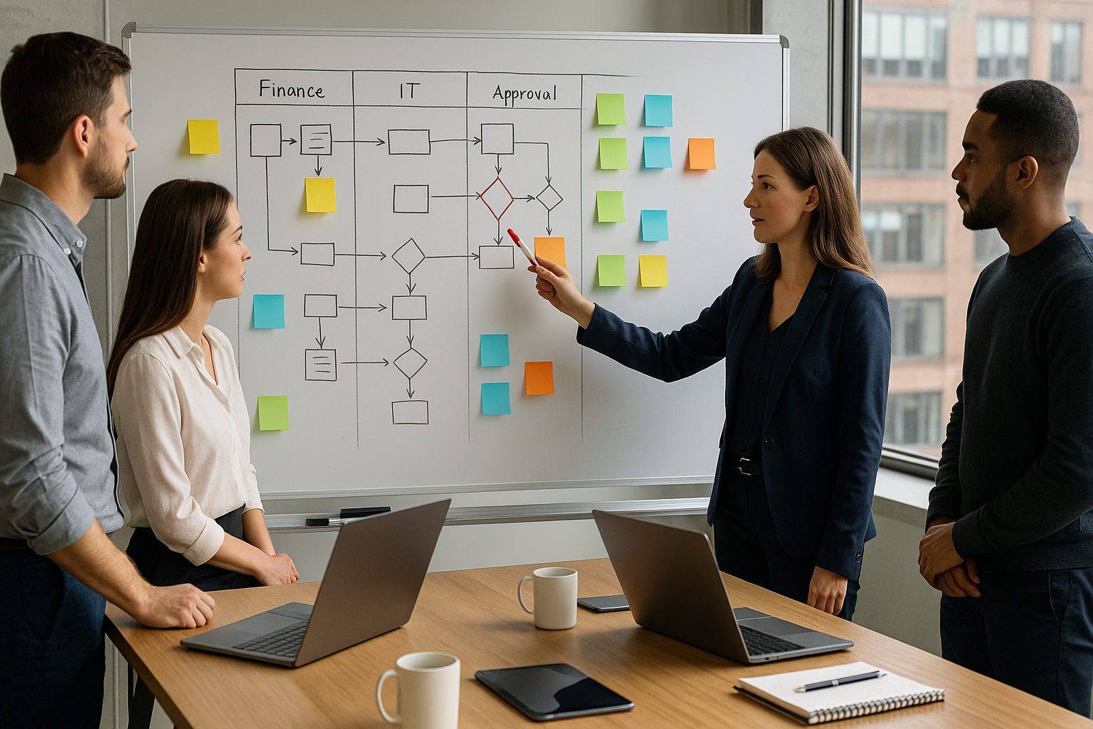 Vier Personen stehen vor großem Whiteboard mit Prozess-Flussdiagrammen und farbigen Post-its, Frau im dunkelblauen Blazer zeigt mit rotem Marker auf Diagramm, drei weitere Kollegen hören aufmerksam zu, Swim-Lanes für Finance IT Approval sichtbar, Tisch im Vordergrund mit Laptops Tablets Kaffeetassen Notizblock, natürliches Tageslicht von rechts durch Fenster mit urbaner Skyline, kollaborative Workshop-Atmosphäre, neutrale Farbpalette