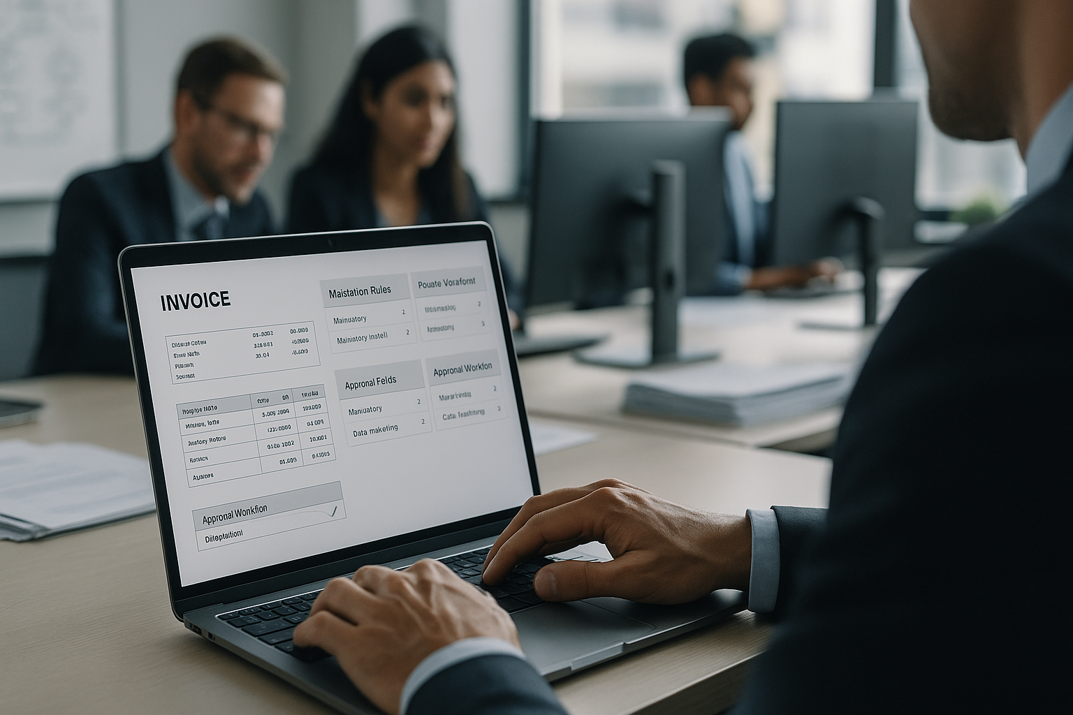 Nahaufnahme professioneller Hände an modernem Laptop in internationaler Büroumgebung, auf Bildschirm klar strukturierte Rechnungsdaten mit sichtbaren Validierungsregeln, Workflow-Diagrammen und Pflichtfeldern, im Hintergrund unscharf weitere Personen in Geschäftskleidung konzentriert arbeitend, natürliche Beleuchtung von der Seite, ruhige Farbgebung in Grau-, Weiß- und Blautönen, Atmosphäre vermittelt Datenqualität, Prozessklarheit und internationale Zusammenarbeit
