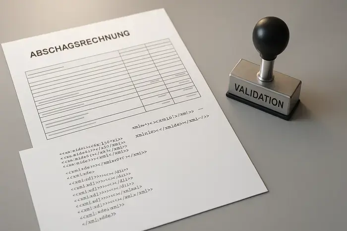 Zwei übereinandergelegte Dokumente auf hellem Schreibtisch: oben PDF-Abschlagsrechnung, darunter strukturierte XML-Datei, daneben Validierungsstempel aus Metall.