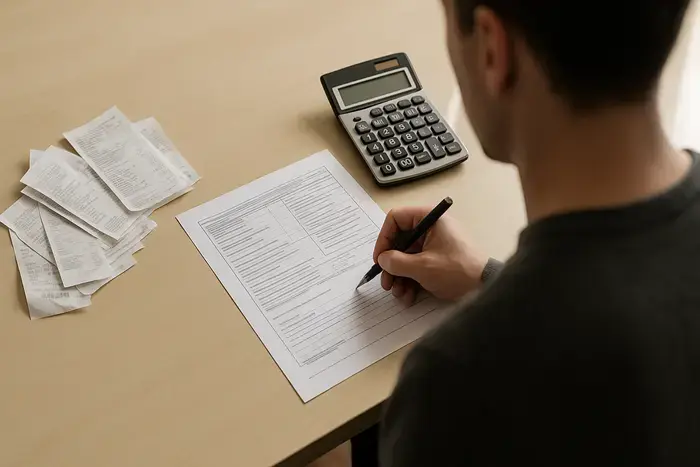 Person füllt Einnahmenüberschussrechnung-Formular mit Belegen und Taschenrechner aus