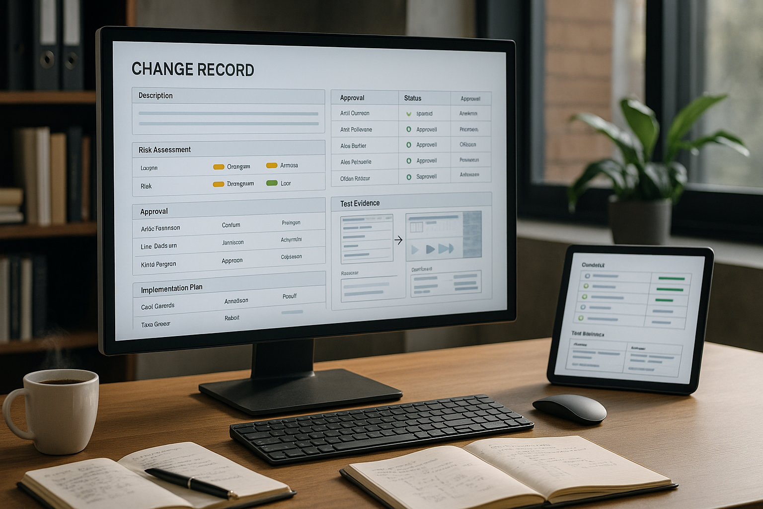 Detailansicht eines großen Monitors in modernem Büro, auf dem Change-Record-Formulare, Risikobewertungen und Freigabe-Status zu sehen sind, daneben Tablet mit Prozess-Checkliste, im Hintergrund unscharfes Bücherregal und Fensterfront mit natürlichem Licht, professionelle Büroatmosphäre mit Tiefenschärfe