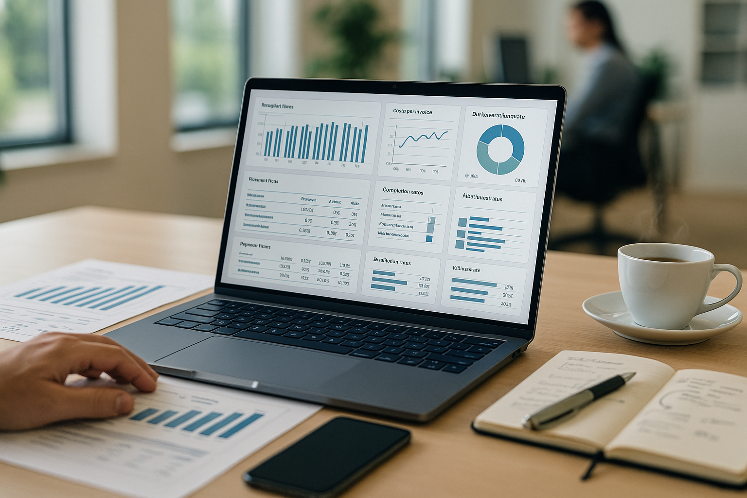 Nahaufnahme eines modernen Büroarbeitsplatzes mit aufgeklapptem Laptop, auf dessen Bildschirm ein detailliertes Dashboard mit Finanzkennzahlen und Diagrammen zu sehen ist, daneben ausgedruckte Dokumente, Smartphone, Notizblock mit handschriftlichen Notizen und Kaffeetasse
