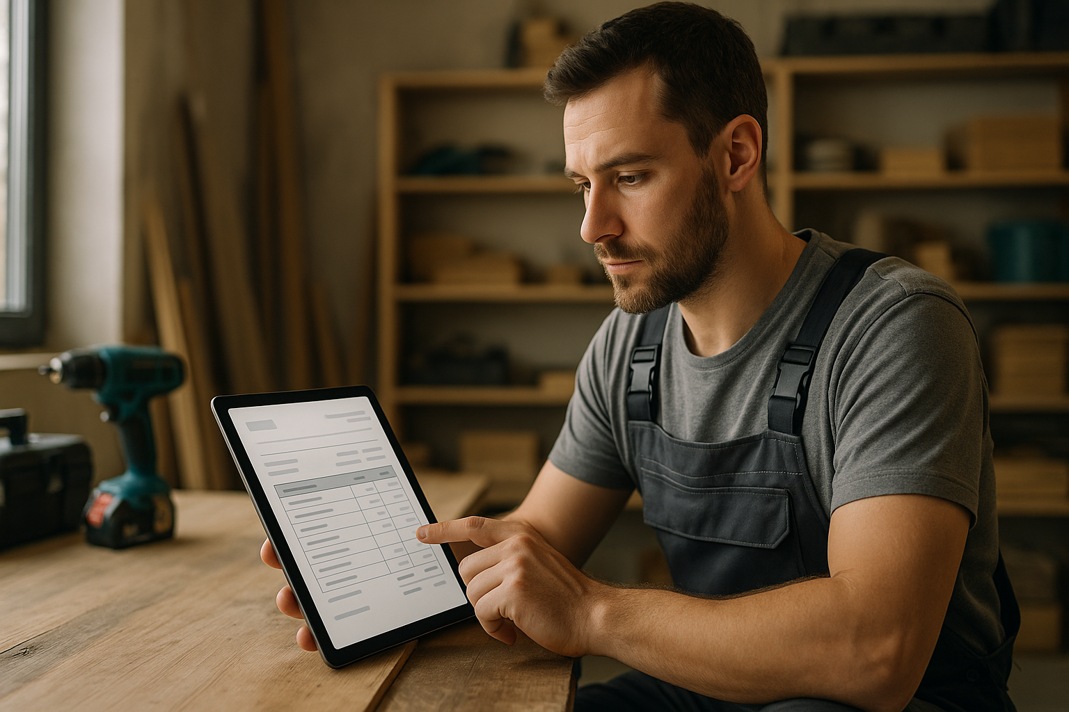 Handwerker in moderner Werkstatt prüft digitale Rechnung auf Tablet-Computer umgeben von Werkzeugen und strukturierter professioneller Arbeitsumgebung mit natürlichem Licht