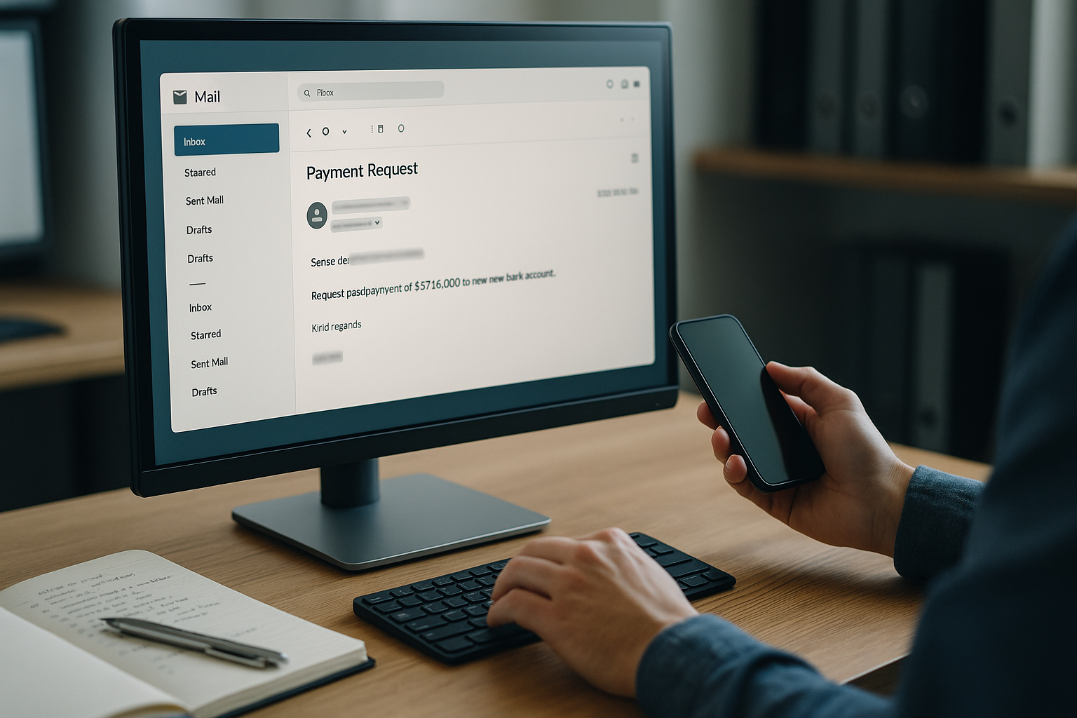 Nahaufnahme eines Computerbildschirms mit geöffneter E-Mail-Anwendung und verdächtiger Zahlungsaufforderung, daneben Notizblock mit handschriftlichen Vermerken und Telefon, Hände einer Person die kritisch den Absender prüft, im Hintergrund weitere Monitore und Ordner, konzentrierte Arbeitssituation zur Betrugsabwehr