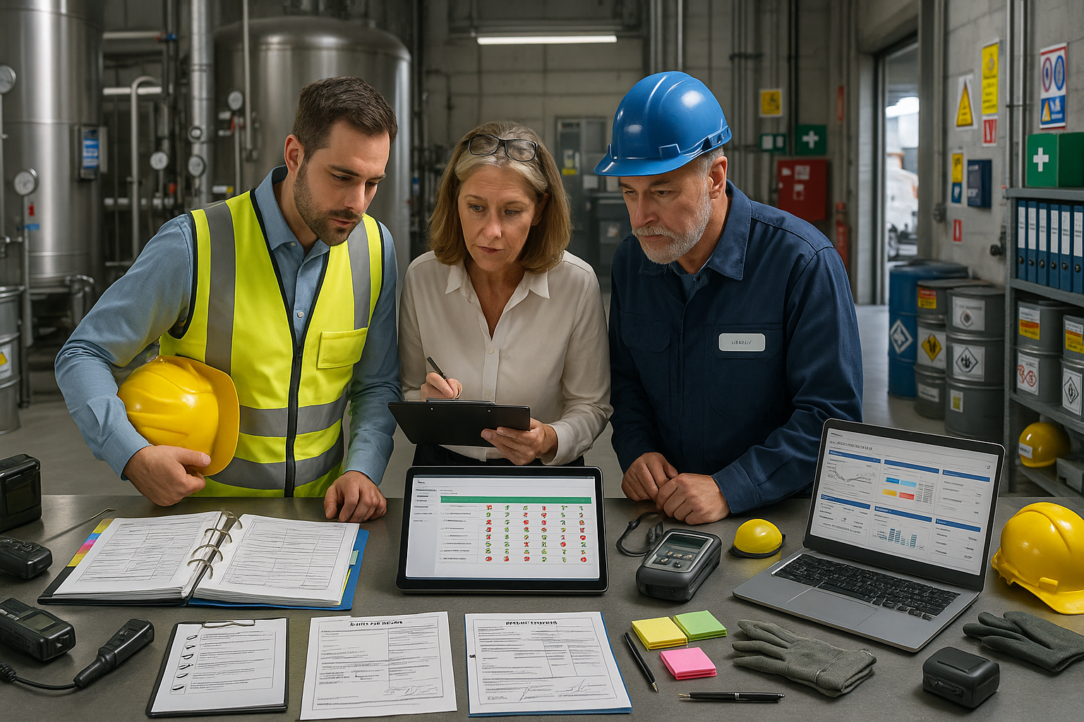 Team prüft vor Ort Sicherheits- und Compliance-Daten in einer Industrieumgebung, mit Tablet, Laptop und Checklisten auf dem Arbeitstisch.