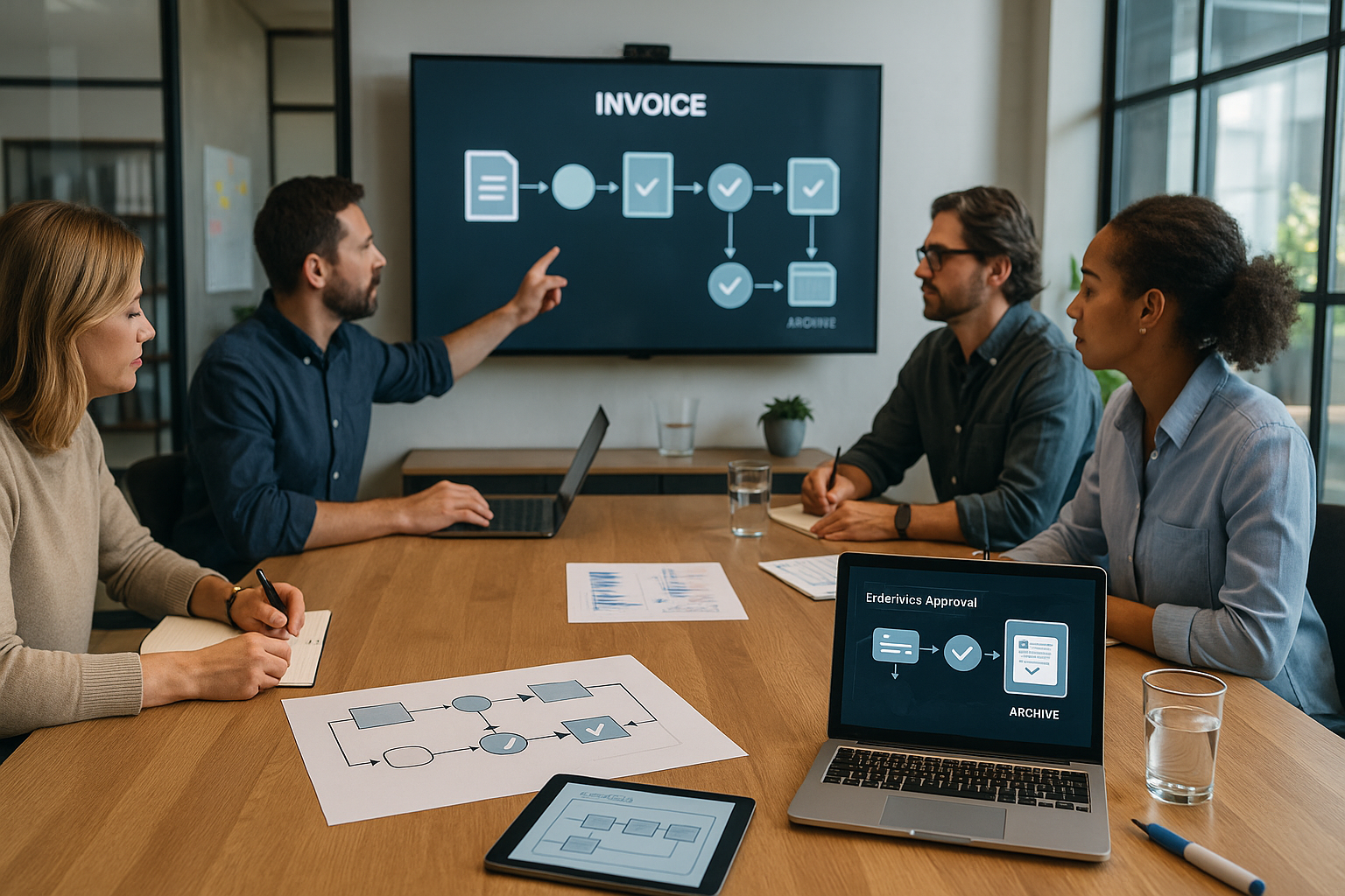 Teammeeting zur Rechnungsfreigabe: ein Mitarbeiter erklärt am Bildschirm den Invoice-Workflow, während die Gruppe am Tisch mit Laptop und Notizen den Prozess durchgeht.