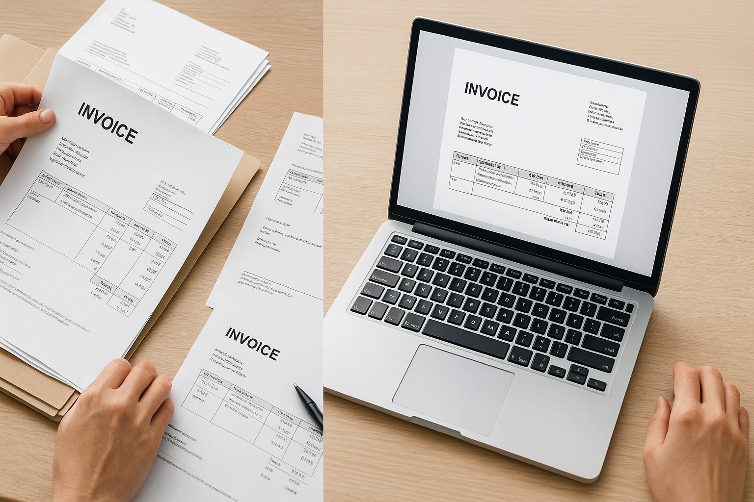Vergleich zwischen herkömmlicher PDF-Rechnung und strukturierter E-Rechnung mit Workflow-Darstellung und automatisierter Verarbeitung im modernen Büro