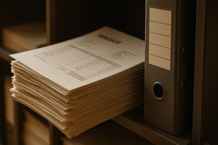 Dokumentenstapel in Büro-Regal mit PDF-Rechnung und grauem Archivierungsordner, professionelle Archivierungssituation
