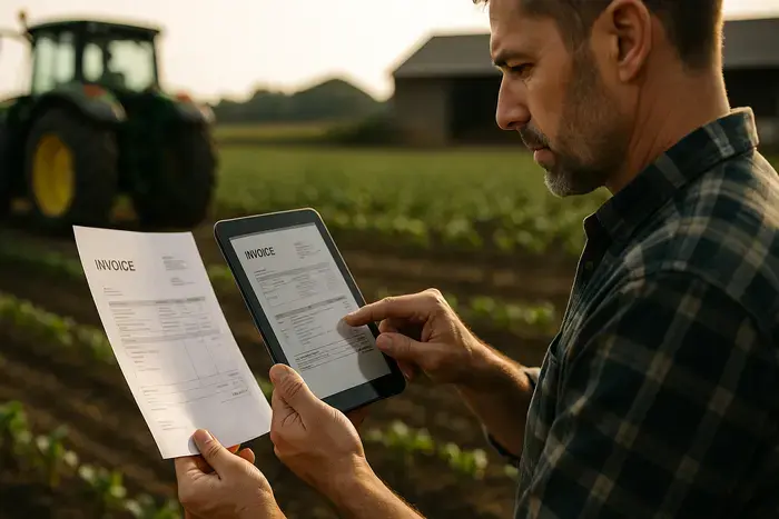 Digitale Rechnungsverarbeitung in landwirtschaftlichem Betrieb zeigt Workflow von E-Mail-Eingang über XML-Validierung, Kostenstellen-Mapping bis zur GoBD-konformen Archivierung mit Audit-Trails und automatischer DATEV-Integration zum Steuerberater.