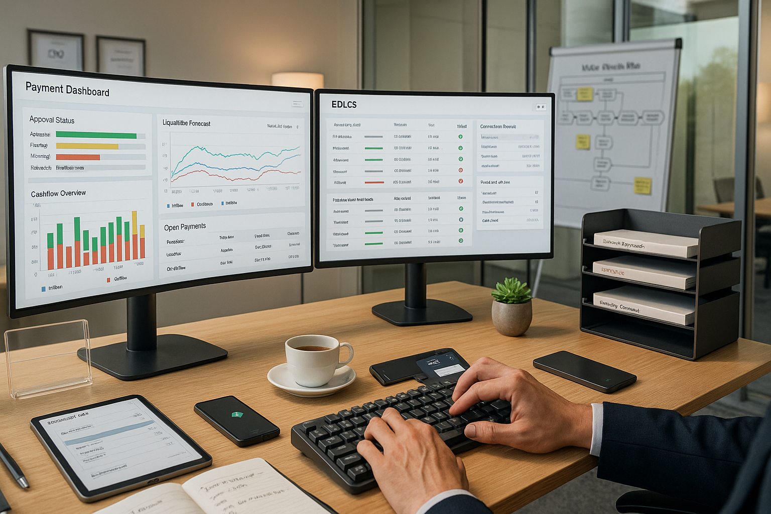 Treasury-Arbeitsplatz mit zwei großen Monitoren zeigt Payment-Dashboard und EBICS-Bankenschnittstelle, Hände auf Tastatur bei Zahlungsfreigabe, Tablet und Dokumente auf Schreibtisch