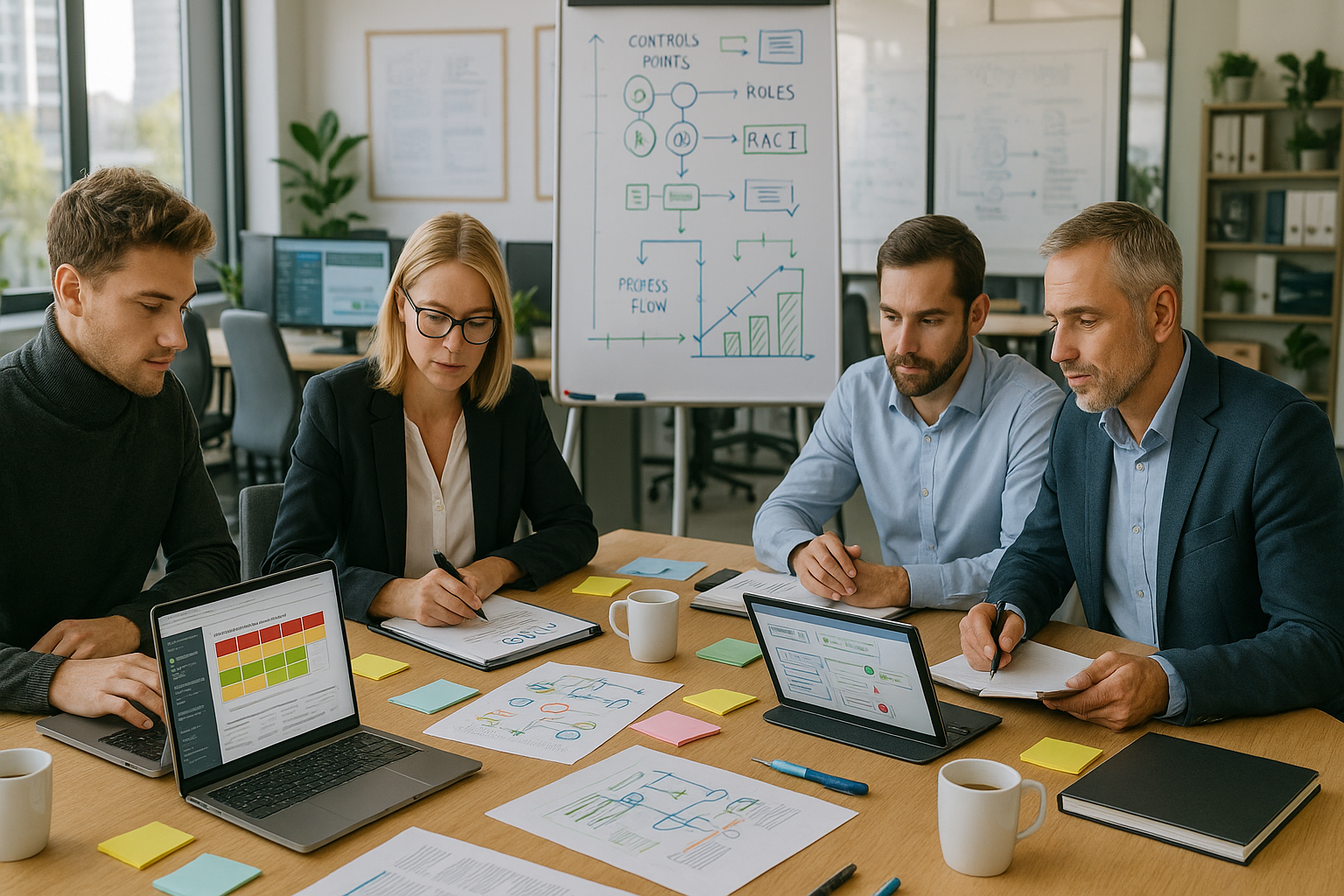 Professionelles Projektteam arbeitet fokussiert an ISMS-Dokumentation in modernem Büro, Laptops zeigen Risikomanagement-Dashboards und Prozessdiagramme, Flipchart mit Kontrollpunkten, helle Arbeitsatmosphäre