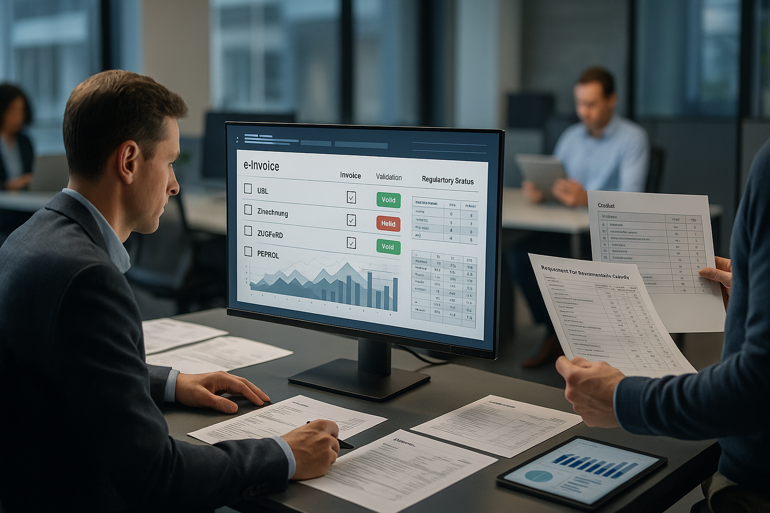 Finanzteam bei der Analyse von E-Rechnungsformaten und Vergleich verschiedener Übertragungswege an modernen Workstations mit Dashboards und Validierungs-Tools