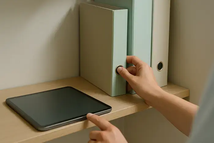 Ordner in Pastellfarben auf Holzregal neben Tablet-Gerät symbolisieren strukturierte Datenverwaltung und digitale Rechnungsintegration.