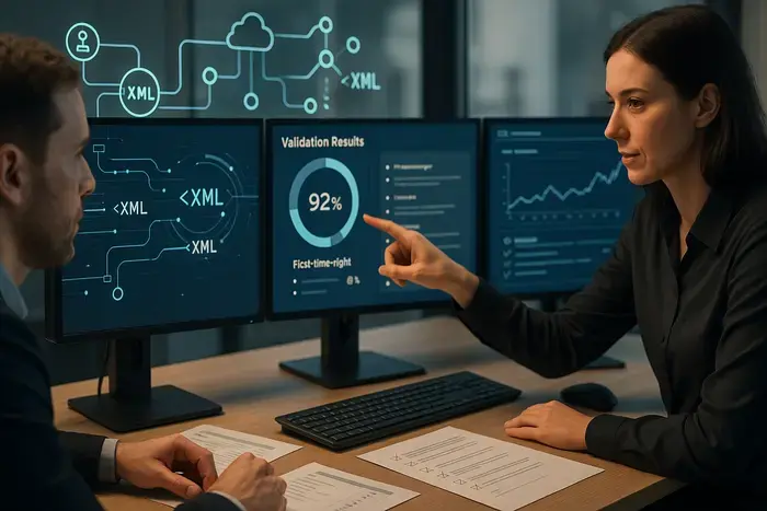 Finance-Team analysiert Rechnungsdaten an mehreren Monitoren. Dashboard zeigt Validierungsergebnisse, First-Time-Right-Rate und XML-Datenströme. Checklisten und Monitoring-Tools unterstreichen Compliance und Prozesskontrolle.