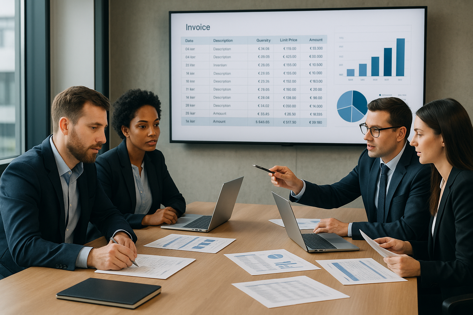 Moderner Konferenzraum mit professionell gekleideten Personen, die gemeinsam strukturierte Rechnungsdaten auf großem Wandbildschirm analysieren, Diagramme und Fehlerklassen-Visualisierungen erkennbar, im Hintergrund moderne Glaswände und digitale Archivierungssysteme, natürliche Beleuchtung, konzentrierte Teamarbeit