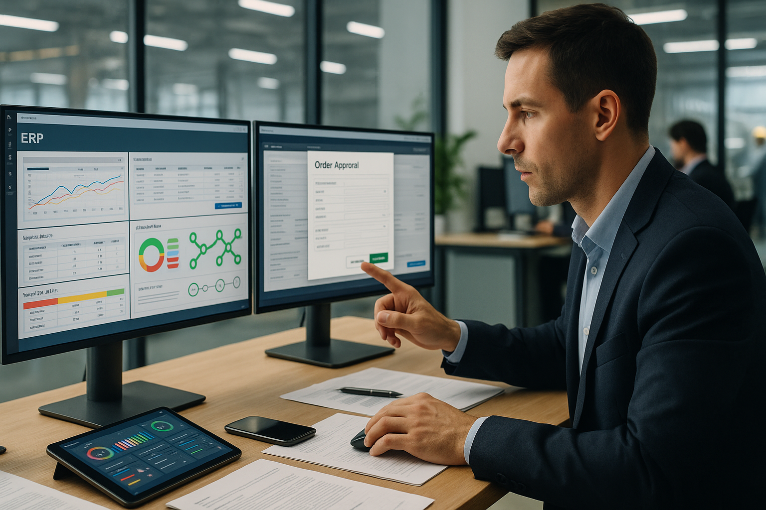 Nahaufnahme eines Controllers vor zwei Monitoren mit ERP-Masken, Bestellfreigabe, Lieferantenstatus und Compliance-Checks, daneben Tablet mit mobilem Dashboard, professionelle Büroumgebung, natürliches Licht, Querformat