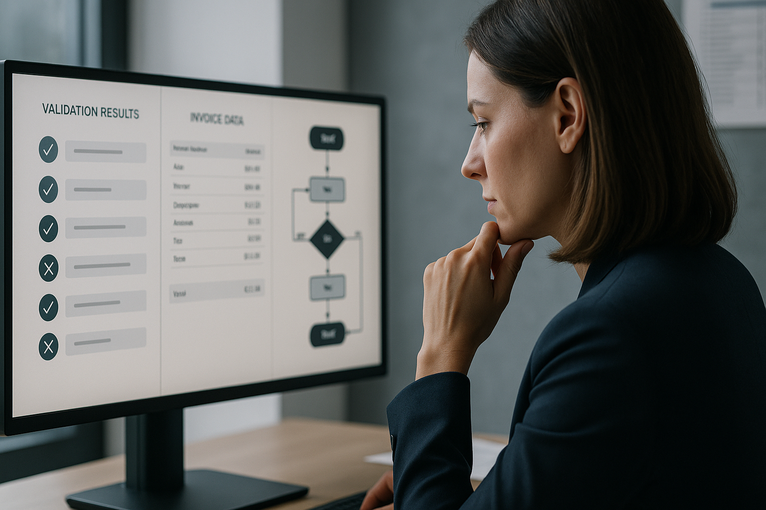Detailansicht eines Bildschirms mit strukturierten Validierungsergebnissen und Workflow-Diagramm, professionelle Arbeitsumgebung mit natürlichem Licht und fokussiertem Arbeitsplatz