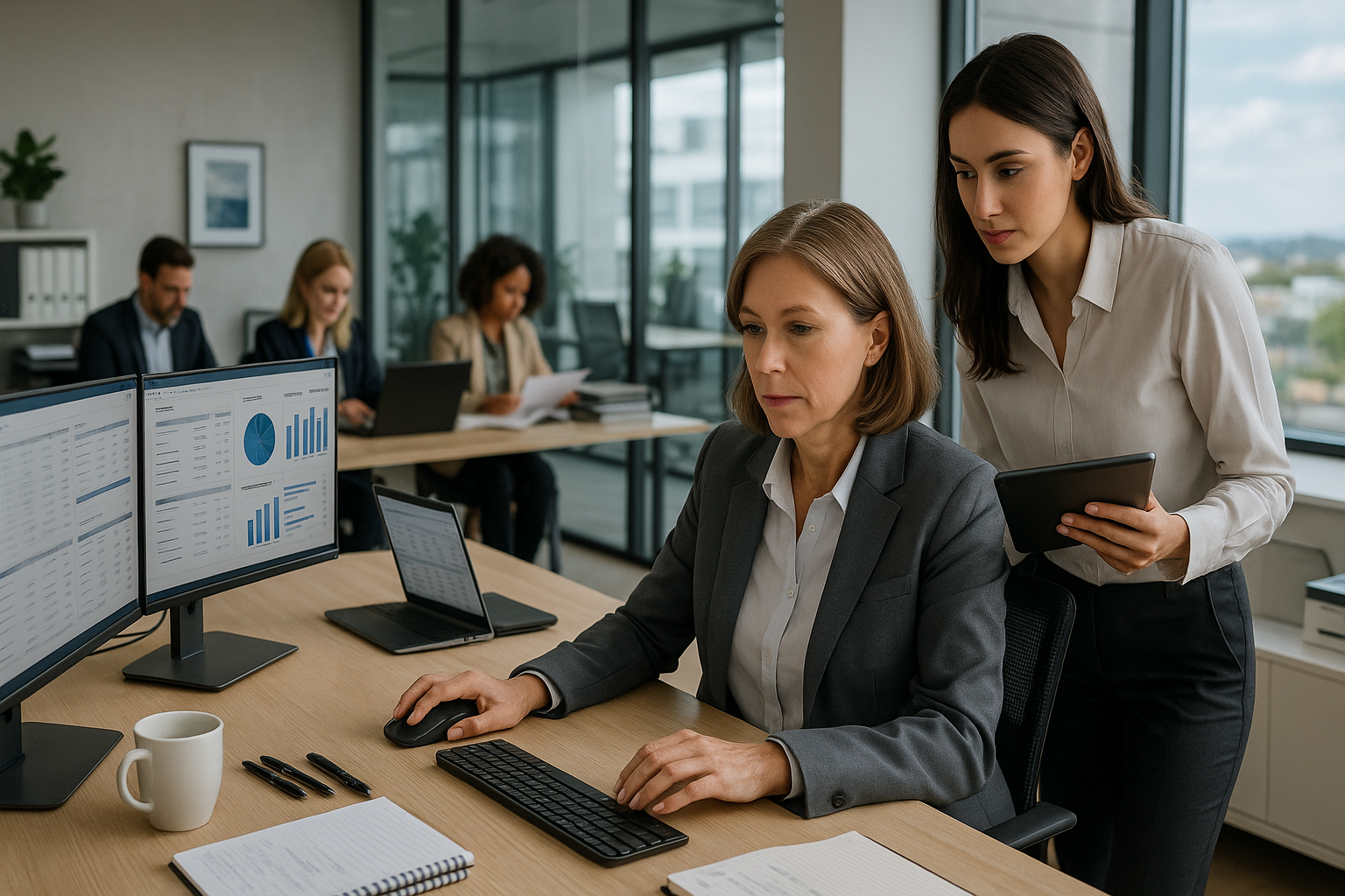 Professionelles Finance-Team analysiert digitale Dashboards und Zahlungsströme in modernem Büro, mehrere Bildschirme zeigen ERP-Systeme und Treasury-Übersichten, strukturierte Dokumentenablage, konzentrierte Arbeitsatmosphäre, natürliches Tageslicht, Teamarbeit an Schreibtischen