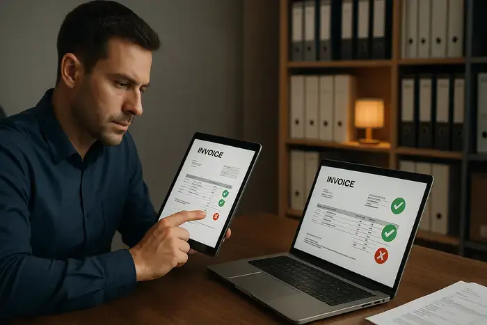 Finance-Professional überprüft elektronische Rechnungsdokumente mit Tablet und Laptop, Validierungsergebnisse zeigen grüne Häkchen und revisionssicheres Archivierungssystem im Hintergrund.