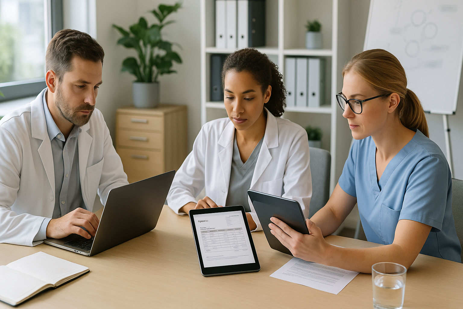 Praxisteam in moderner Arztpraxis bei der Prüfung digitaler Rechnungen am Computer, strukturierte Arbeitsabläufe, freundliche Büroumgebung mit natürlichem Tageslicht durch Fenster
