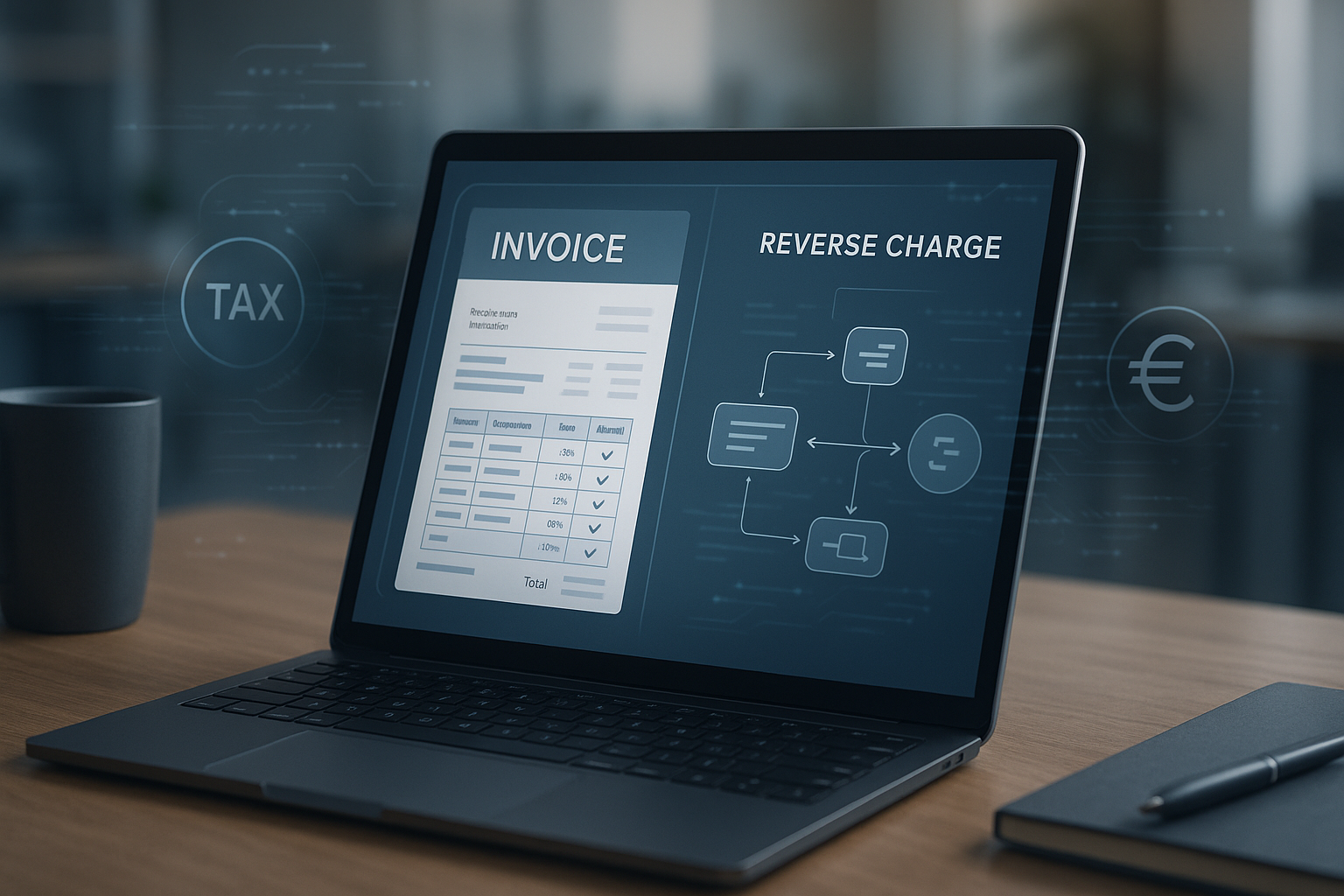Nahaufnahme Laptop-Bildschirm mit strukturierter E-Rechnung im XML-Format, Reverse-Charge-Kennzeichnung deutlich sichtbar, daneben Tablet mit Prozess-Dashboard, Tastatur im Vordergrund auf hellem Schreibtisch