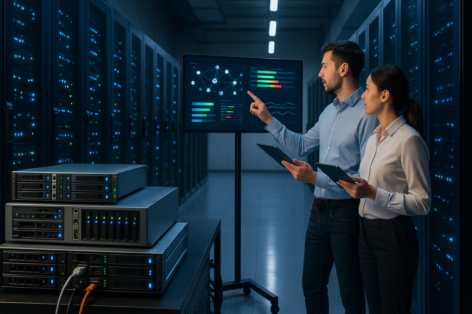 Professionelles Rechenzentrum mit beleuchteten Serverracks, zwei IT-Mitarbeiter vor großem Monitoring-Display mit Echtzeit-Daten, redundante Backup-Systeme im Vordergrund, blaues LED-Licht und dezente Deckenstrahler, Atmosphäre von Betriebssicherheit und Kontrolle