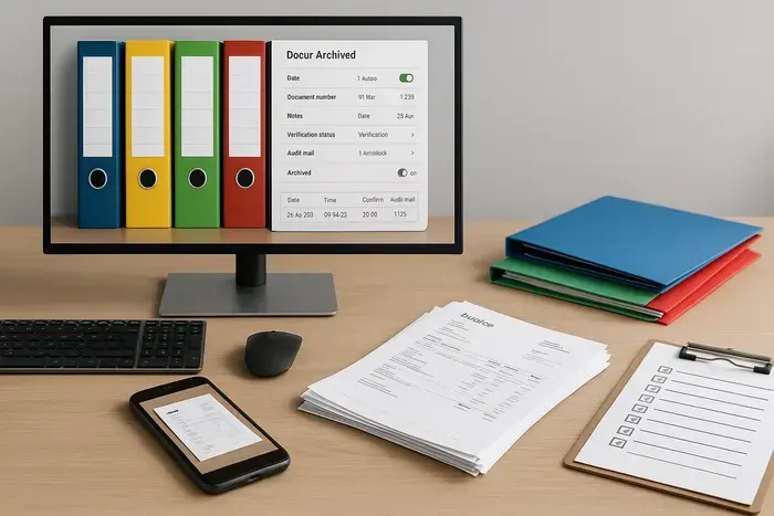 Moderner Büroschreibtisch mit digitalem Dokumentenmanagementsystem, Smartphone mit Kamerafunktion, revisionssichere Belegverwaltung