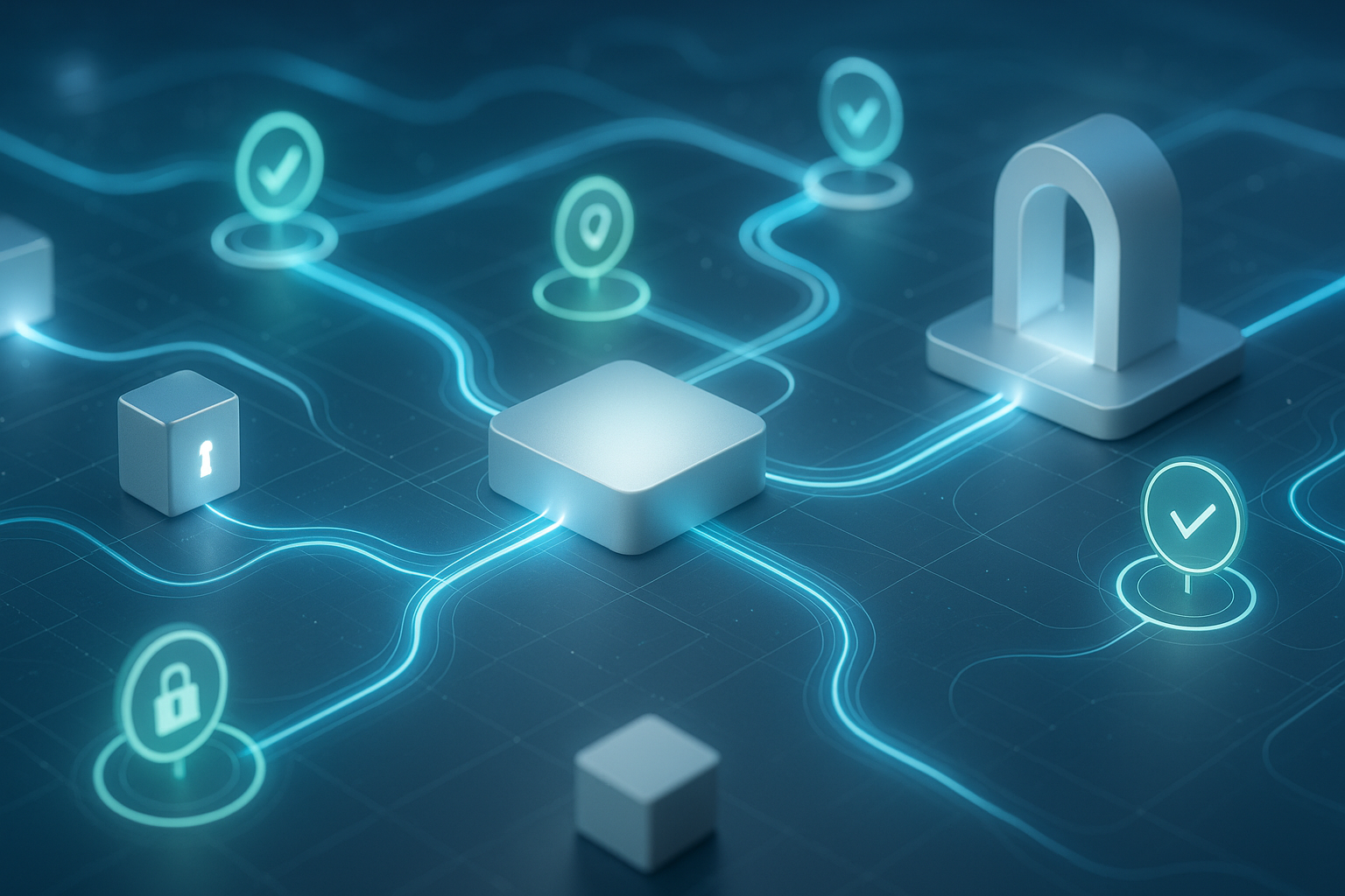 Digitales Netzwerk der Peppol-Infrastruktur mit abstrakten Knotenpunkten, Gateways und Verbindungswegen symbolisiert sichere und automatisierte Übertragung strukturierter Dokumente