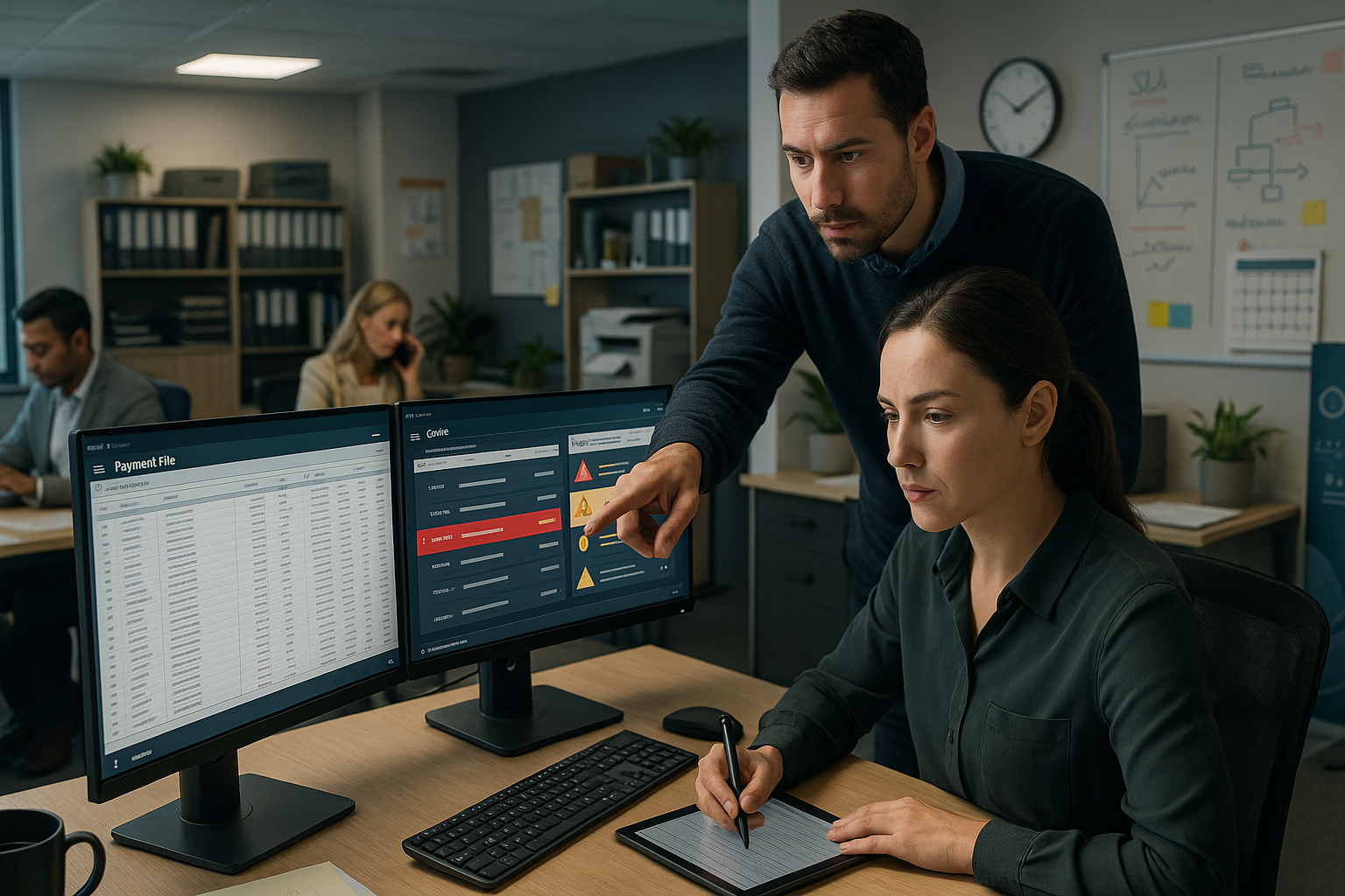Mitarbeiter zeigt auf Warnhinweise in einer Zahlungsprüfungs-Software auf dem Monitor, während eine Kollegin am Schreibtisch Notizen zur Payment-Datei macht.