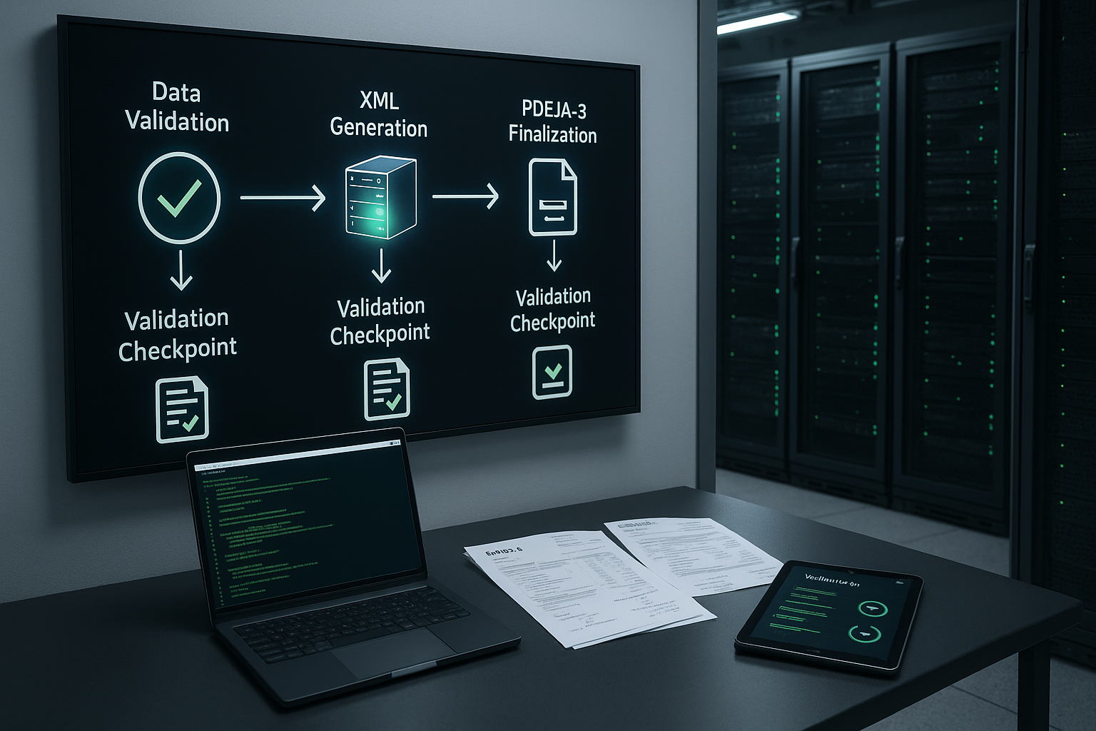 Darstellung eines kompletten Rechnungsgenerationsprozesses: Datenmodul wird validiert, XML wird mit lxml erzeugt, HTML wird mit WeasyPrint zu PDF gerendert, pikepdf fügt XML ein, Validierungs-Tool prüft die Ausgabe, Rechnung wird archiviert oder versandt.