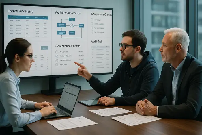 Interdisziplinäres Finance-Team in Besprechung vor Monitor mit Rechnungsverarbeitungs-Dashboard, Workflow-Automation, Compliance-Prüfungen und Audit-Trail-Protokollierung.