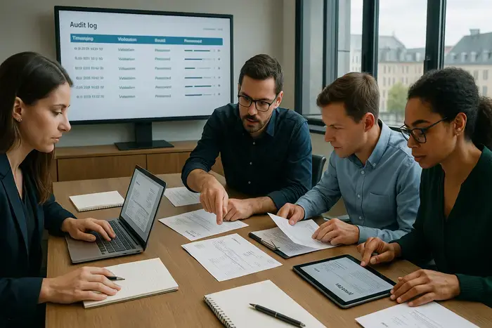 Finanzteam überprüft elektronische Rechnungen auf Laptops und diskutiert Prozessabläufe und Audit-Anforderungen am Konferenztisch