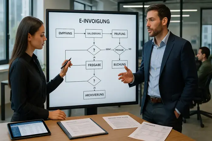 Team im Konferenzraum diskutiert E-Rechnungsprozess an Whiteboard mit Prozessdiagramm, Tablet und Dokumenten.