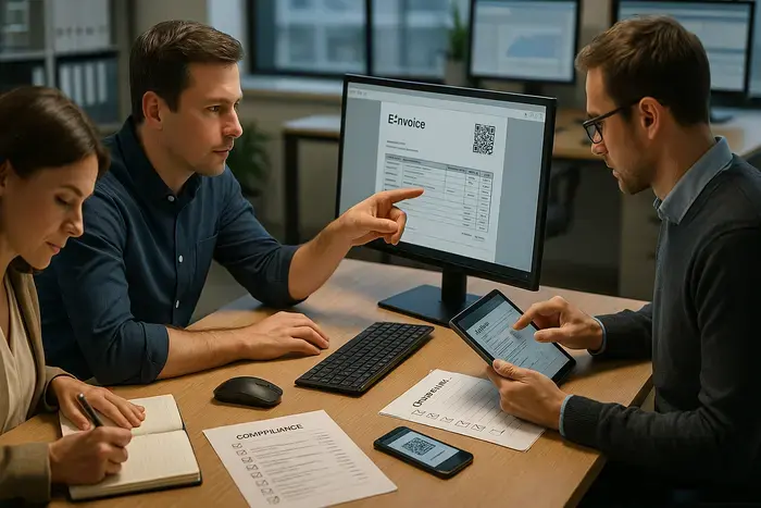 Finance-Team validiert E-Rechnung auf dem Monitor, prüft Audit-Trails und dokumentiert Compliance-Anforderungen
