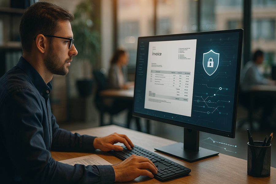 Moderner Büroarbeitsplatz mit Finanzfachperson, die digitale Rechnungsdokumente am Computer bearbeitet, mit abstrakten Symbolen für Digitalisierung und Datenverwaltung im Hintergrund